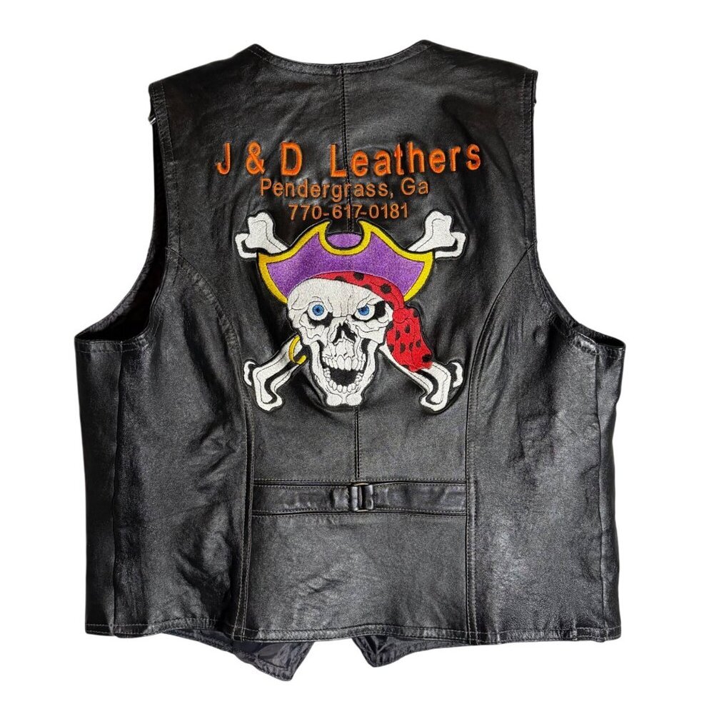 Mens Black Genuine Leather Vest With Skull Embroidery & Button Front - Size m